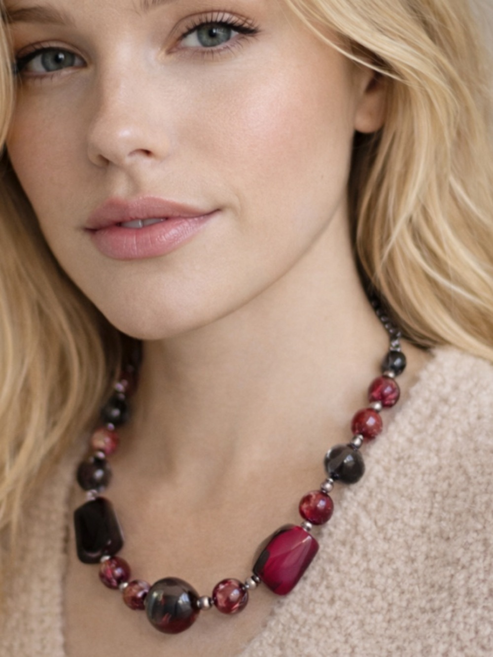 Necklace Red Purple Beaded Statement 17” Bold Fashion Jewelry Acrylic Beads